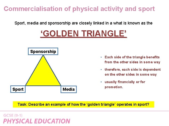 Commercialisation of physical activity and sport Sport, media and sponsorship are closely linked in