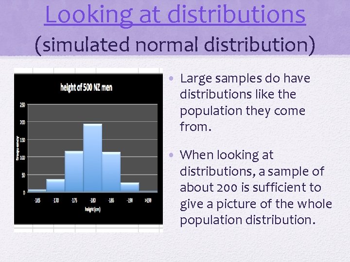 Looking at distributions (simulated normal distribution) • Large samples do have distributions like the