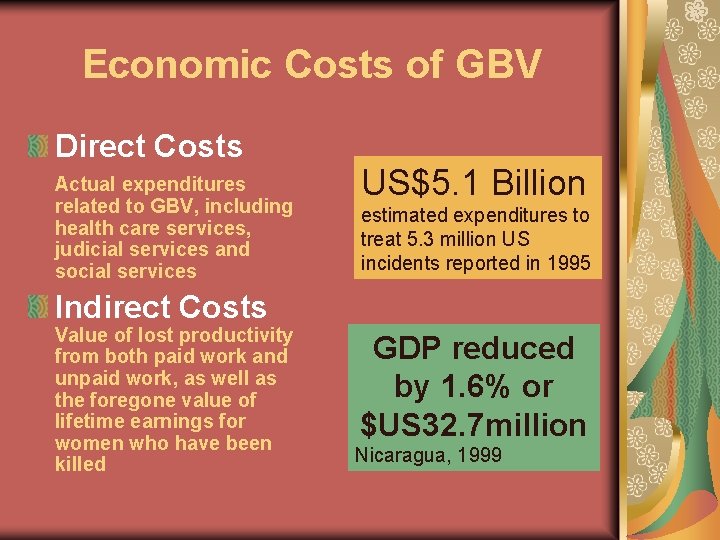 Economic Costs of GBV Direct Costs Actual expenditures related to GBV, including health care
