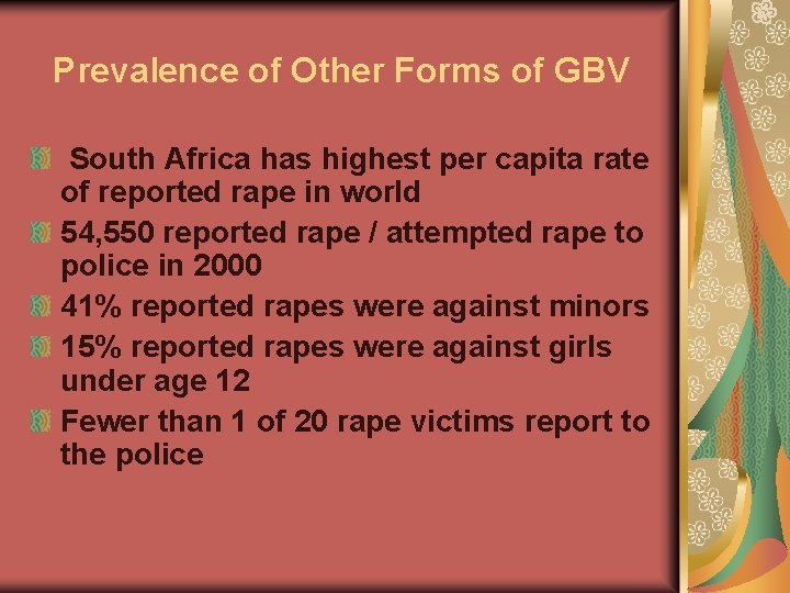 Prevalence of Other Forms of GBV South Africa has highest per capita rate of