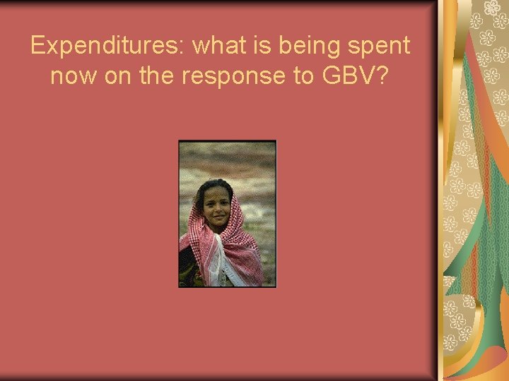 Expenditures: what is being spent now on the response to GBV? 