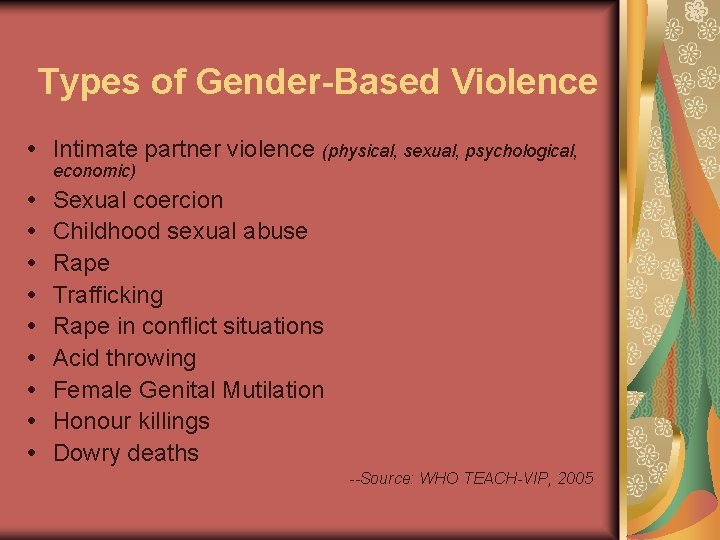 Types of Gender-Based Violence Intimate partner violence (physical, sexual, psychological, economic) Sexual coercion Childhood