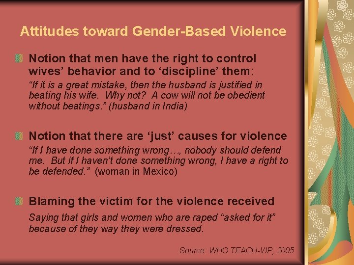 Attitudes toward Gender-Based Violence Notion that men have the right to control wives’ behavior