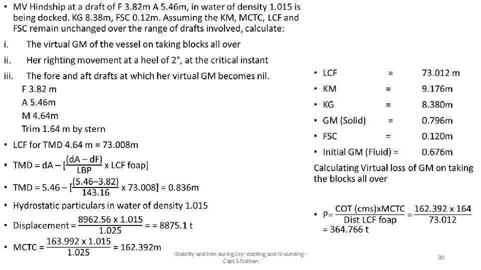  • • Stability and trim during Dry- docking and Grounding - Capt. S.