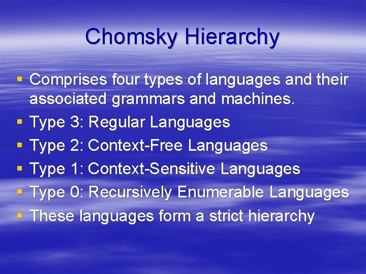 Chomsky Hierarchy § Comprises four types of languages and their associated grammars and machines.