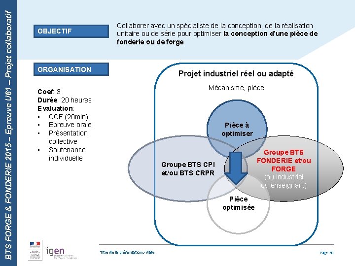 BTS FORGE & FONDERIE 2015 – Epreuve U 61 – Projet collaboratif OBJECTIF Collaborer