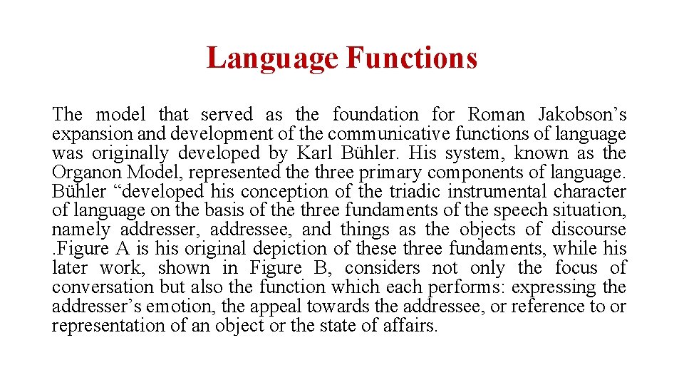 Language Functions The model that served as the foundation for Roman Jakobson’s expansion and