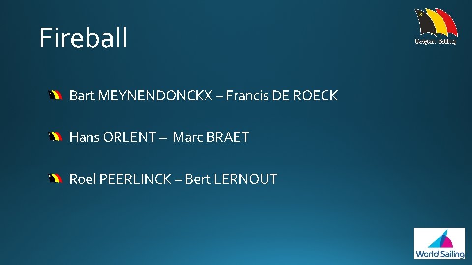 Fireball Bart MEYNENDONCKX – Francis DE ROECK Hans ORLENT – Marc BRAET Roel PEERLINCK