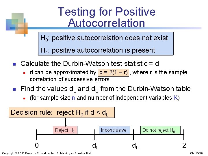 Testing for Positive Autocorrelation H 0: positive autocorrelation does not exist H 1: positive