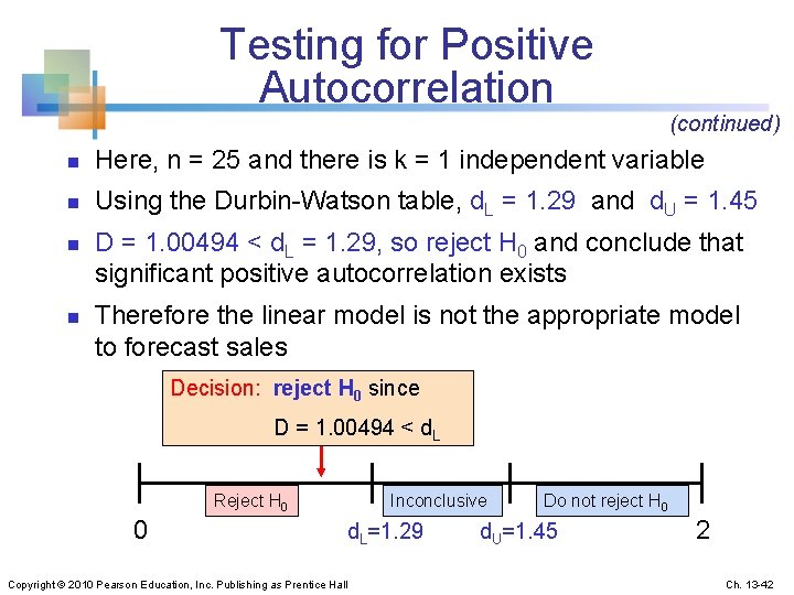 Testing for Positive Autocorrelation (continued) n Here, n = 25 and there is k