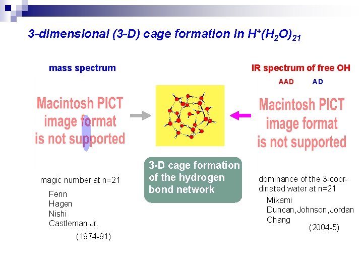 3 -dimensional (3 -D) cage formation in H+(H 2 O)21 mass spectrum IR spectrum
