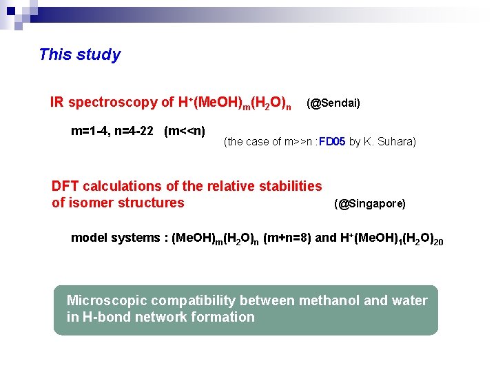 This study IR spectroscopy of H+(Me. OH)m(H 2 O)n m=1 -4, n=4 -22 (m<<n)