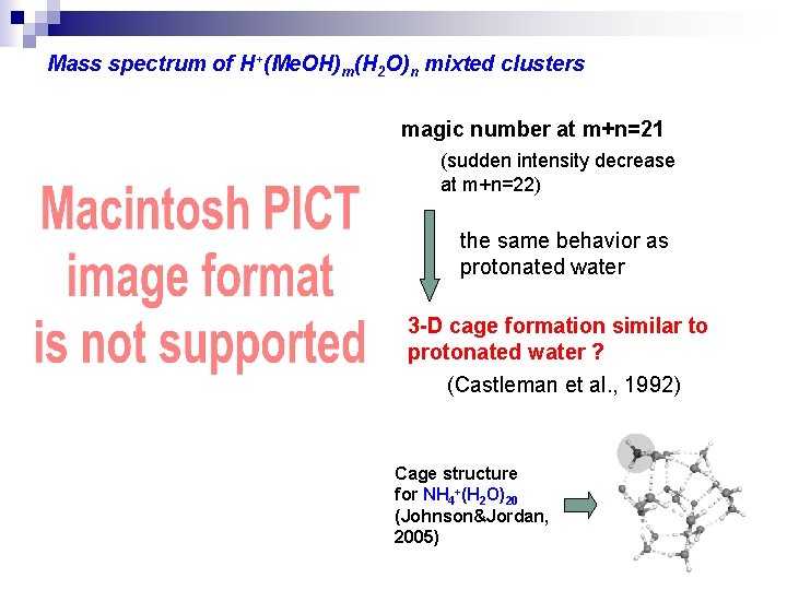 Mass spectrum of H+(Me. OH)m(H 2 O)n mixted clusters magic number at m+n=21 (sudden