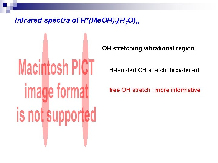 Infrared spectra of H+(Me. OH)2(H 2 O)n OH stretching vibrational region H-bonded OH stretch