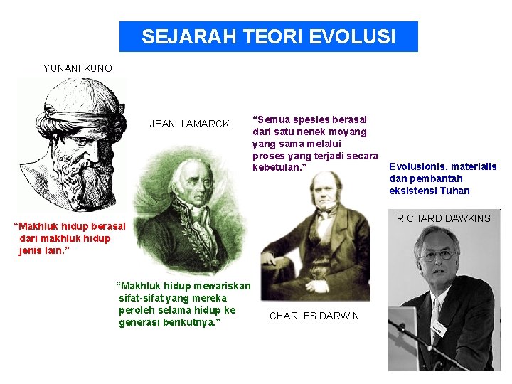 SEJARAH TEORI EVOLUSI YUNANI KUNO JEAN LAMARCK “Semua spesies berasal dari satu nenek moyang