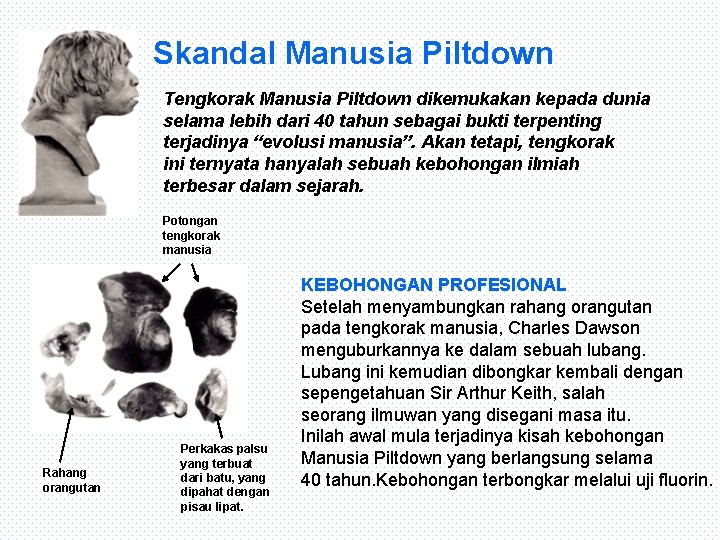 Skandal Manusia Piltdown Tengkorak Manusia Piltdown dikemukakan kepada dunia selama lebih dari 40 tahun