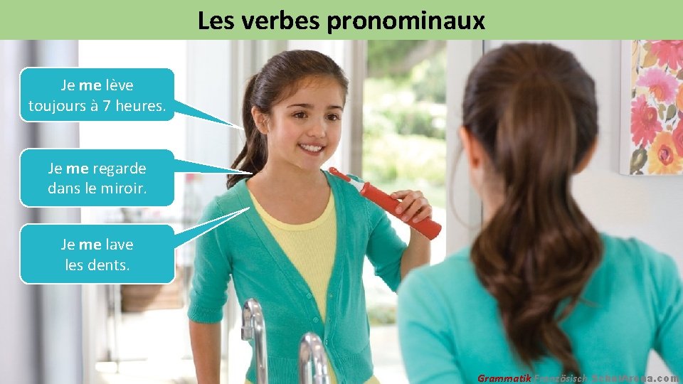 Les verbes pronominaux Je me lève toujours à 7 heures. Je me regarde dans