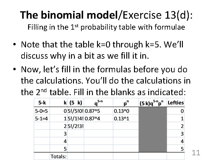 The binomial model/Exercise 13(d): Filling in the 1 st probability table with formulae •