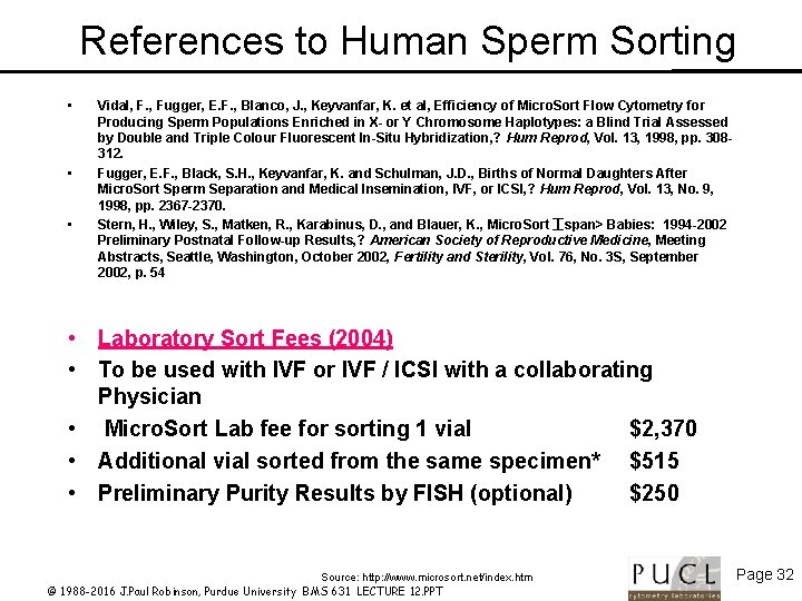 References to Human Sperm Sorting • • • Vidal, F. , Fugger, E. F.
