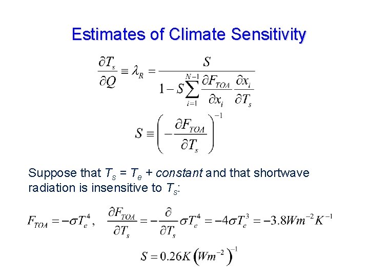 Estimates of Climate Sensitivity Suppose that Ts = Te + constant and that shortwave