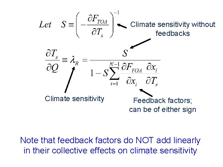 Climate sensitivity without feedbacks Climate sensitivity Feedback factors; can be of either sign Note