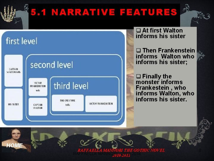 5. 1 NARRATIVE FEATURES q At first Walton informs his sister q Then Frankenstein