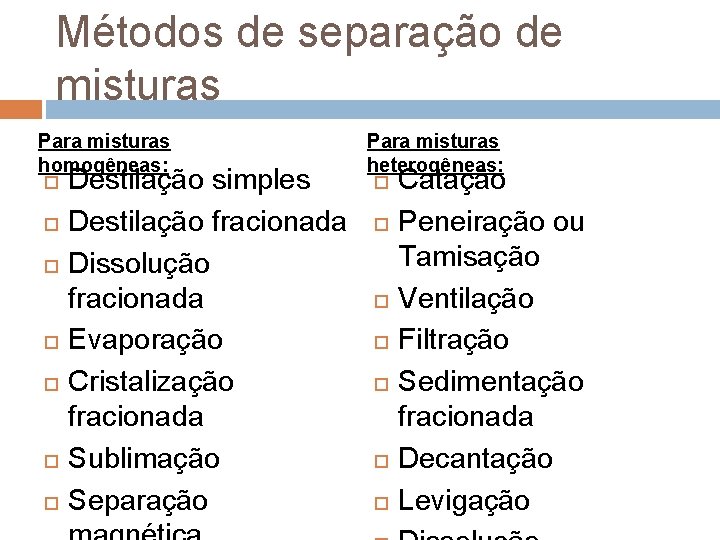 Métodos de separação de misturas Para misturas homogêneas: Destilação simples Destilação fracionada Dissolução fracionada