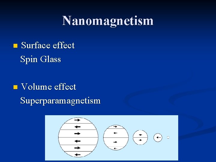 Nanomagnetism n Surface effect Spin Glass n Volume effect Superparamagnetism 