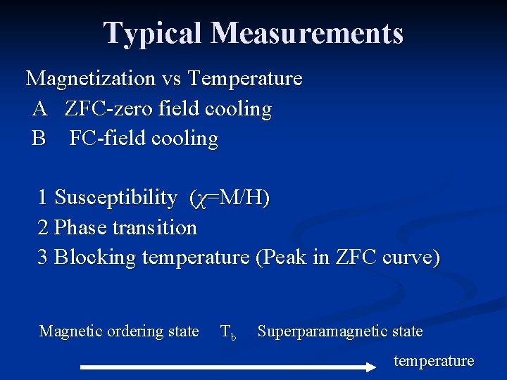 Typical Measurements Magnetization vs Temperature A ZFC-zero field cooling B FC-field cooling 1 Susceptibility