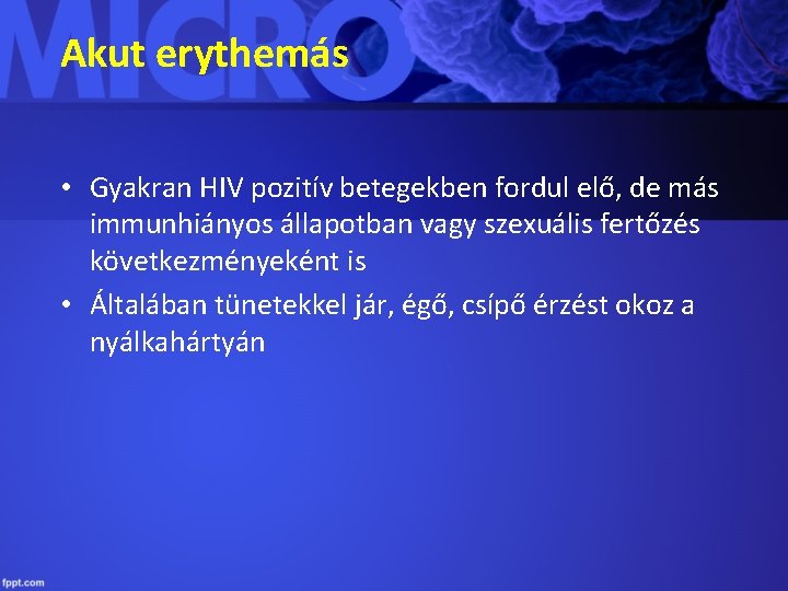 Akut erythemás • Gyakran HIV pozitív betegekben fordul elő, de más immunhiányos állapotban vagy