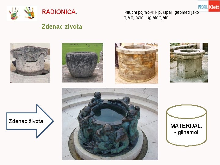 RADIONICA: Zdenac života Ključni pojmovi: kip, kipar, geometrijsko tijelo, oblo i uglato tijelo MATERIJAL: