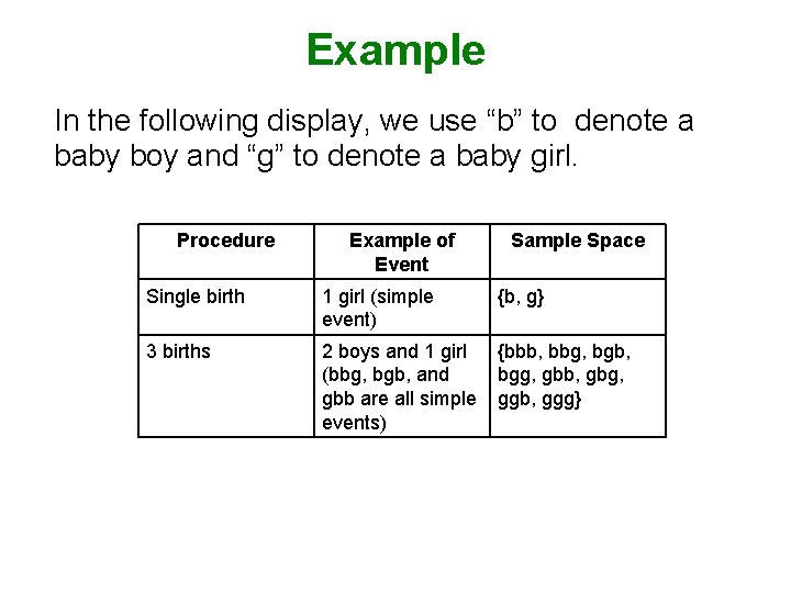 Example In the following display, we use “b” to denote a baby boy and