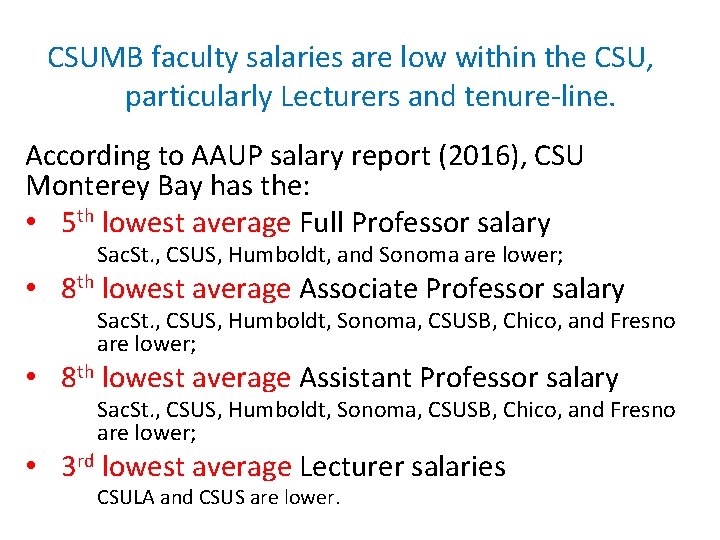 CSUMB faculty salaries are low within the CSU, particularly Lecturers and tenure-line. According to