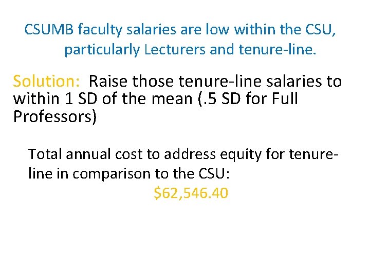 CSUMB faculty salaries are low within the CSU, particularly Lecturers and tenure-line. Solution: Raise