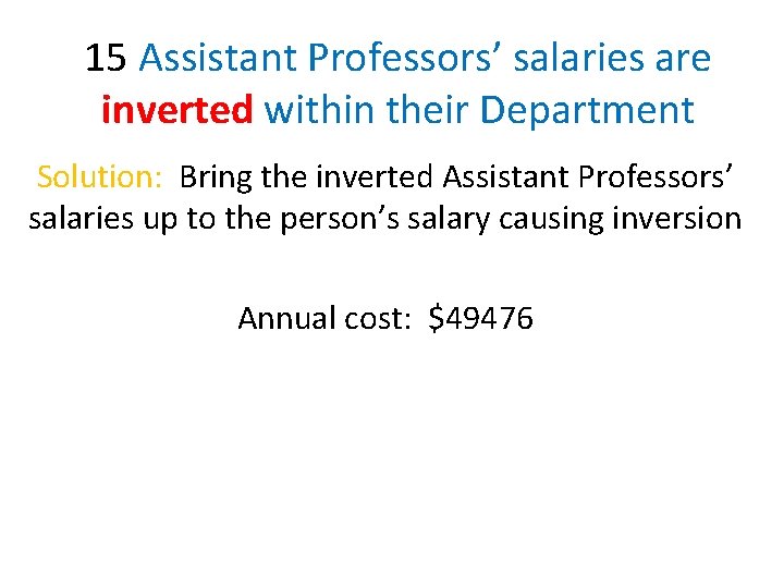 15 Assistant Professors’ salaries are inverted within their Department Solution: Bring the inverted Assistant