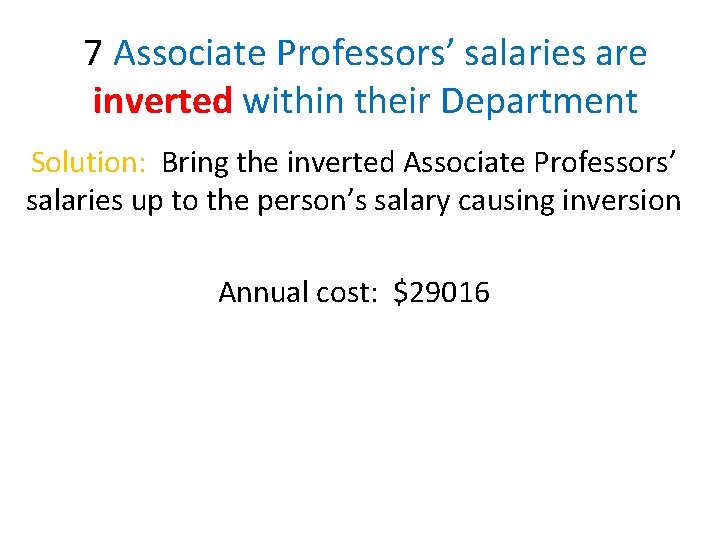 7 Associate Professors’ salaries are inverted within their Department Solution: Bring the inverted Associate
