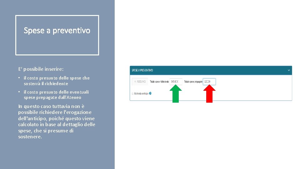 Spese a preventivo E’ possibile inserire: • il costo presunto delle spese che sosterrà