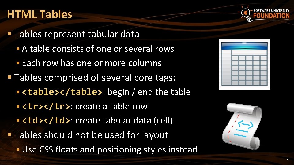 HTML Tables § Tables represent tabular data § A table consists of one or
