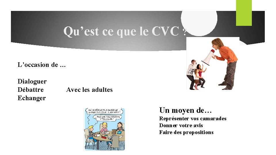 Qu’est ce que le CVC ? L’occasion de … Dialoguer Débattre Avec les adultes