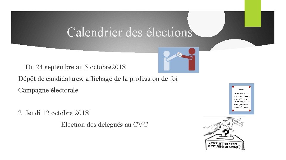Calendrier des élections 1. Du 24 septembre au 5 octobre 2018 Dépôt de candidatures,