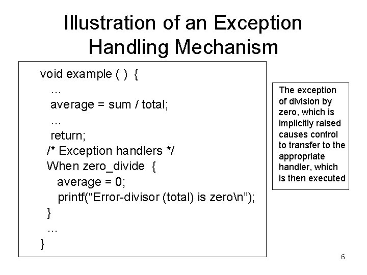Illustration of an Exception Handling Mechanism void example ( ) { … average = Illustration of an Exception Handling Mechanism void example ( ) { … average =