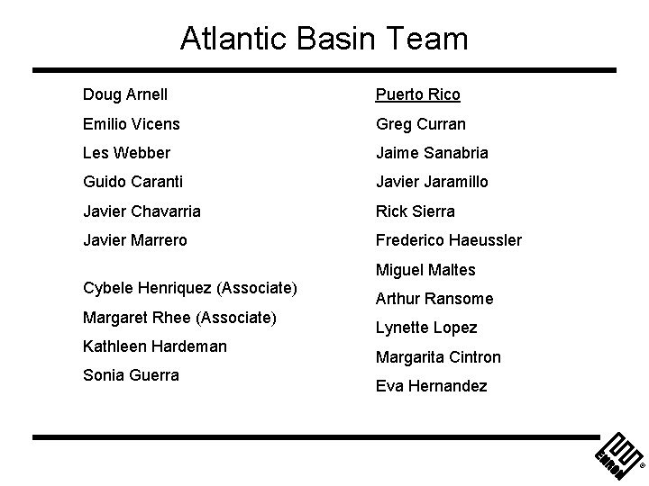 Atlantic Basin Team Doug Arnell Puerto Rico Emilio Vicens Greg Curran Les Webber Jaime