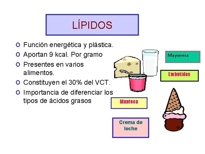 LÍPIDOS o o o Función energética y plástica. Aportan 9 kcal. Por gramo Presentes