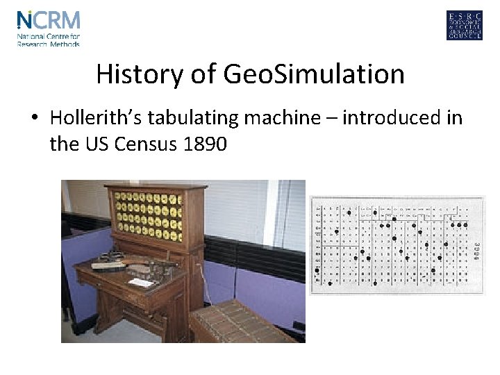 History of Geo. Simulation • Hollerith’s tabulating machine – introduced in the US Census