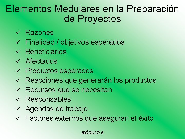 Elementos Medulares en la Preparación de Proyectos ü Razones ü Finalidad / objetivos esperados