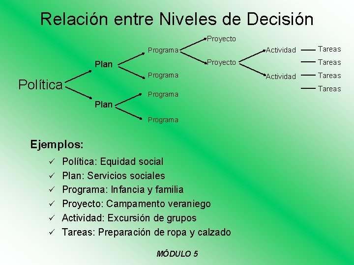 Relación entre Niveles de Decisión Proyecto Actividad Programa Proyecto Plan Programa Política Programa Plan