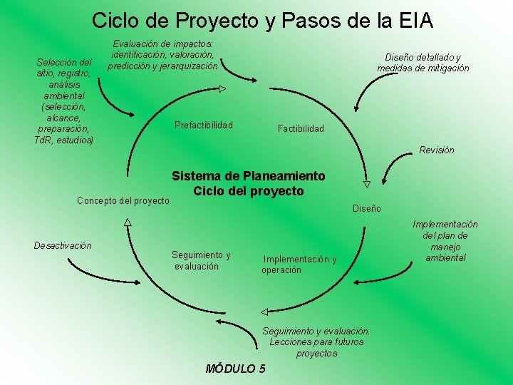 Ciclo de Proyecto y Pasos de la EIA Selección del sitio, registro, análisis ambiental