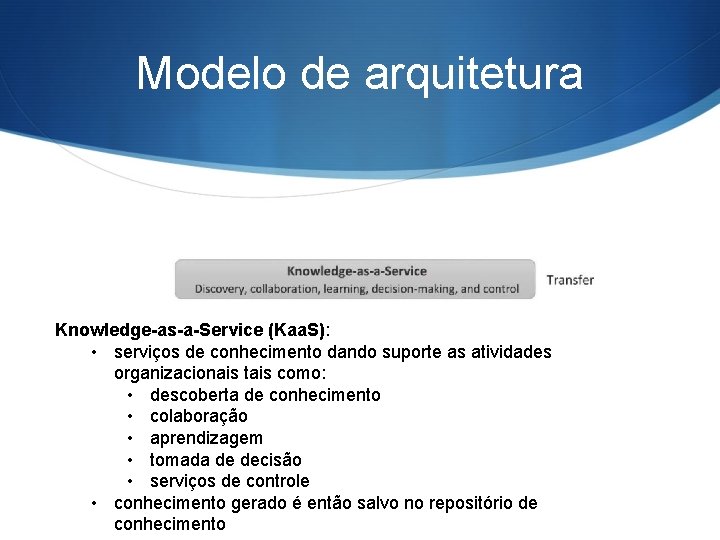 Modelo de arquitetura Knowledge-as-a-Service (Kaa. S): • serviços de conhecimento dando suporte as atividades