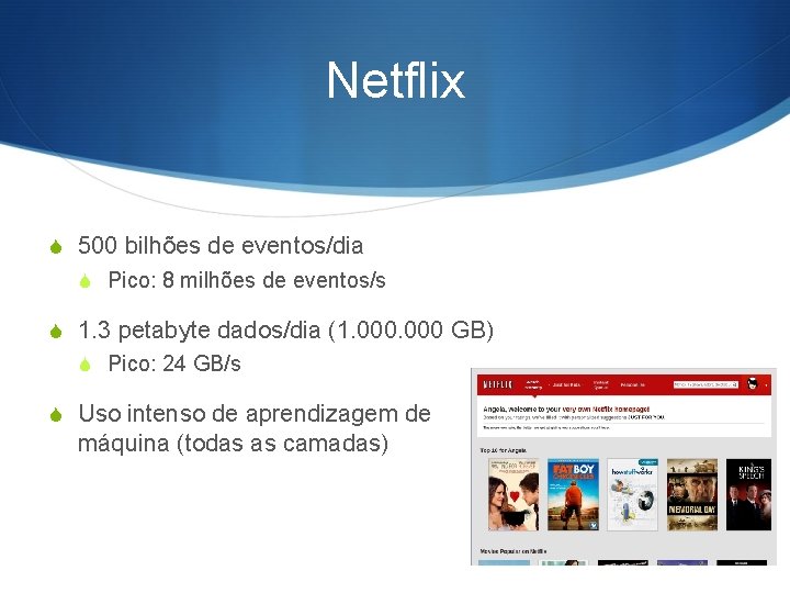 Netflix S 500 bilhões de eventos/dia S Pico: 8 milhões de eventos/s S 1.