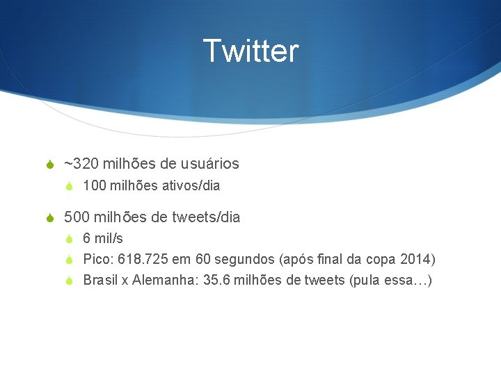 Twitter S ~320 milhões de usuários S 100 milhões ativos/dia S 500 milhões de